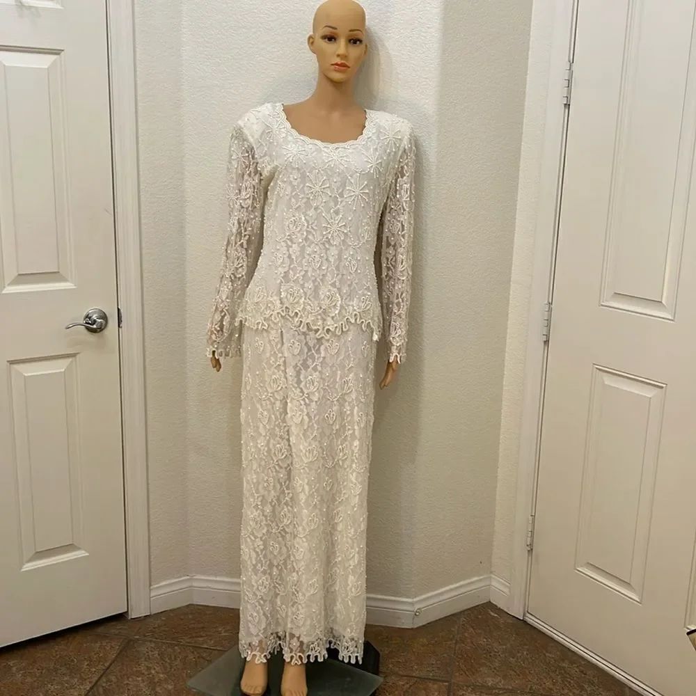 Scala Vintage Wedding Mother Bride XL Pearl Lace Beaded Sequin Maxi Long Sleeve
